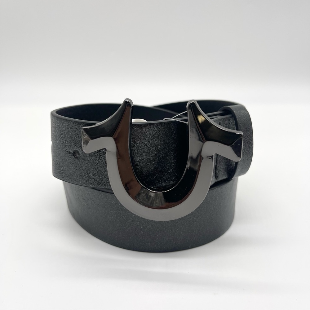 True Religion Horse Shoe Logo Buckle Black Shimmer Belt L/XL – New Without Box